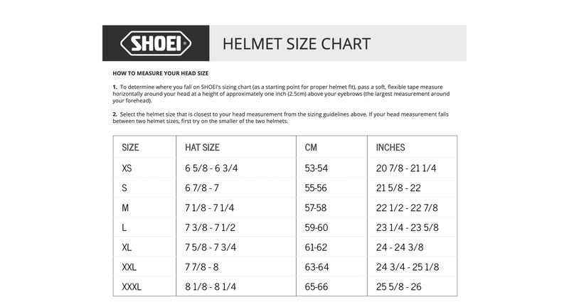 Shoei Helmets size chart