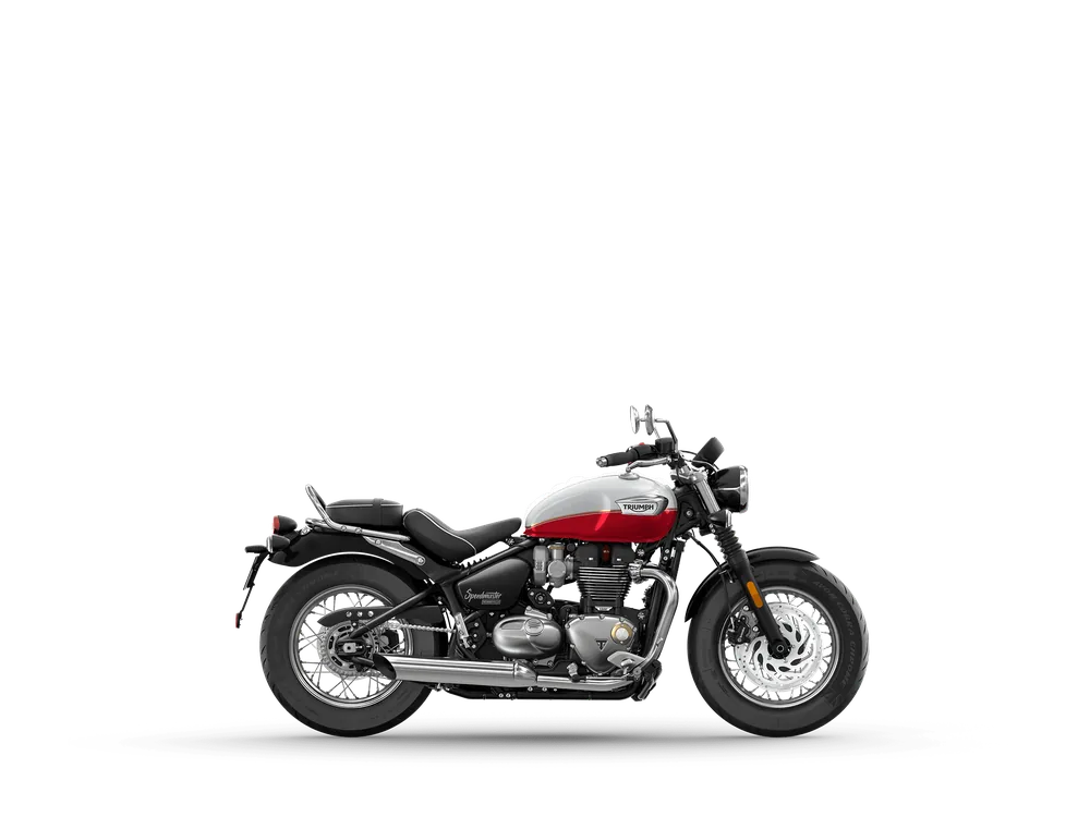 Triumph BONNEVILLE SPEEDMASTER 2021 in Snowdonia / Cranberry Red, right side studio photograph