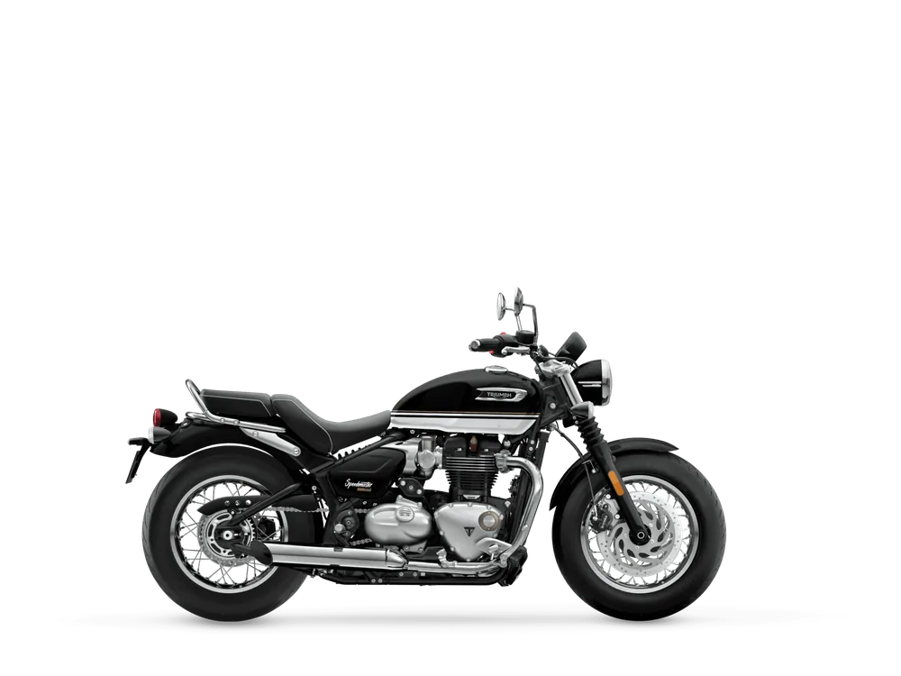 Triumph BONNEVILLE SPEEDMASTER 2026 in Sapphire Black / Crystal White, right side studio photograph