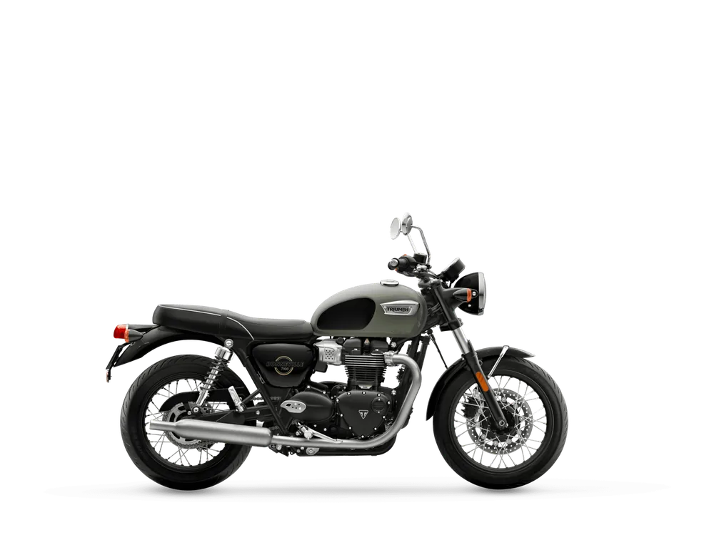 Triumph BONNEVILLE T100 2026 in Stone Grey, right side studio photograph