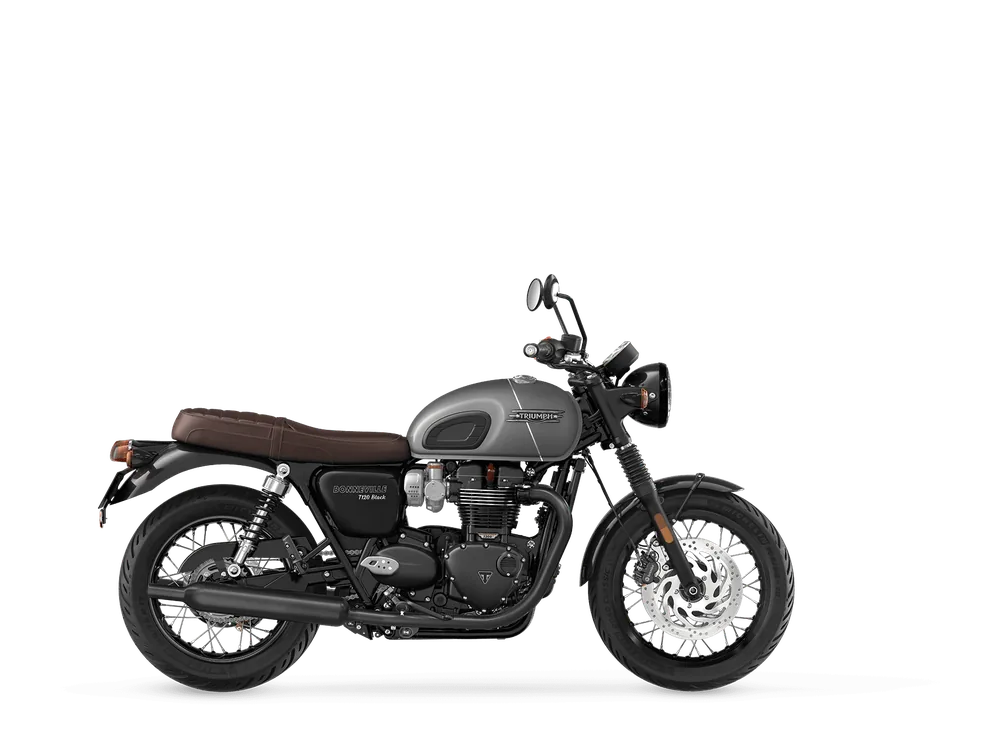 Triumph BONNEVILLE T120 BLACK 2021 in Graphite / Matte Graphite, right side studio photograph