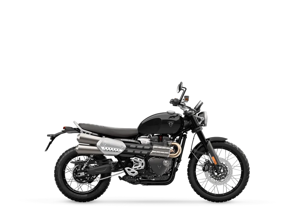 Triumph NEW SCRAMBLER 1200 X 2024 in Sapphire Black, right side studio photograph