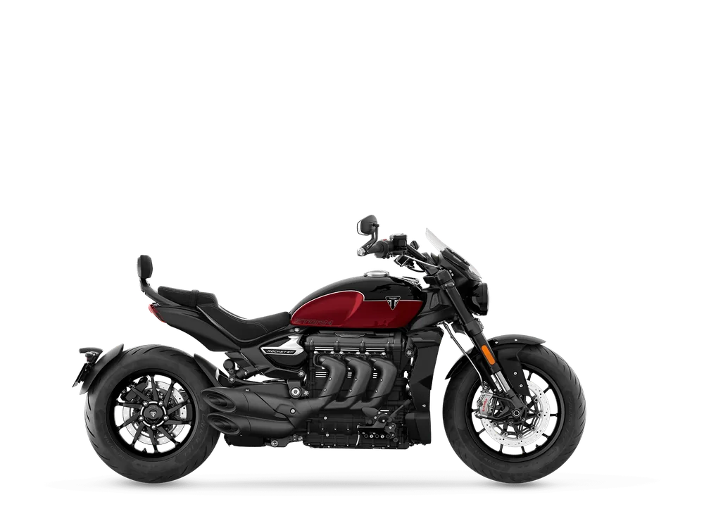 Triumph ROCKET 3 STORM GT 2026 in Sapphire Black / Carnival Red, right side studio photograph