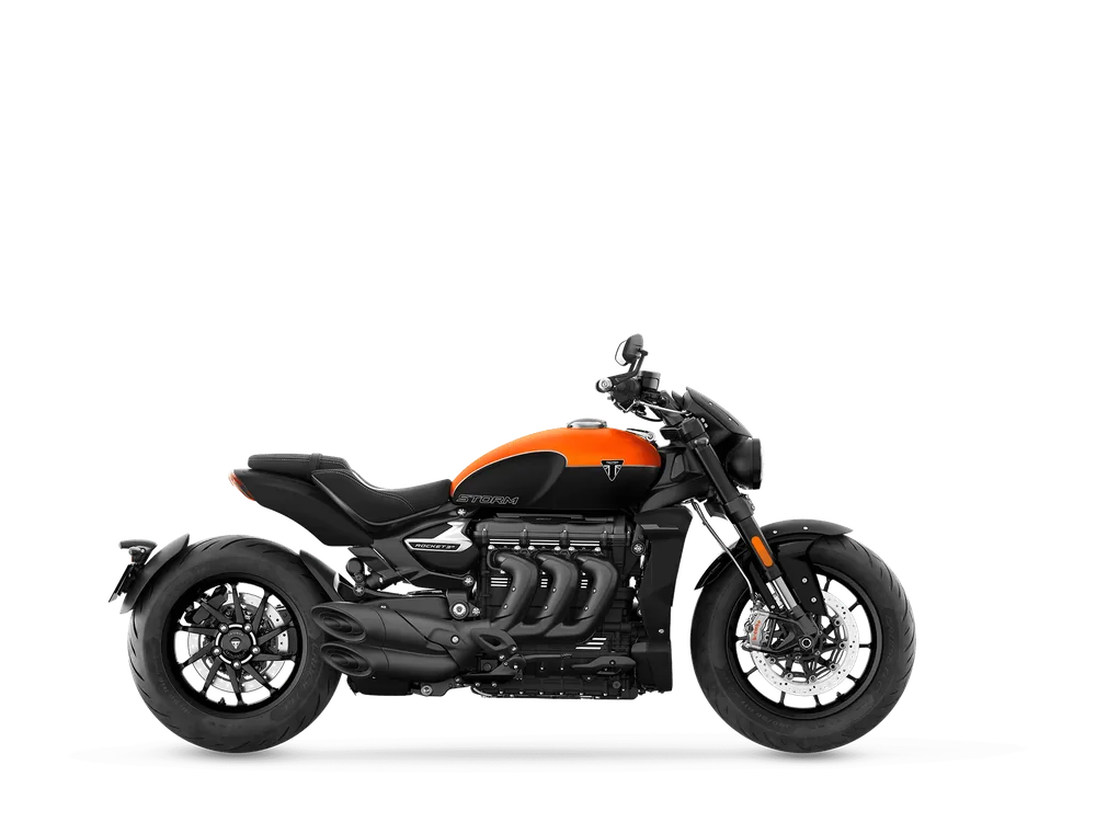 Triumph ROCKET 3 STORM R 2026 in Satin Baja Orange / Matt Sapphire Black, right side studio photograph
