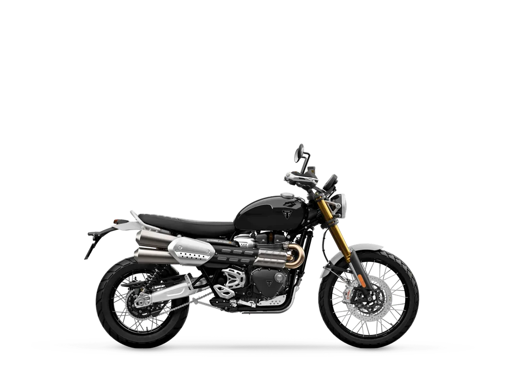 Triumph SCRAMBLER 1200 XE 2026 in Sapphire Black, right side studio photograph