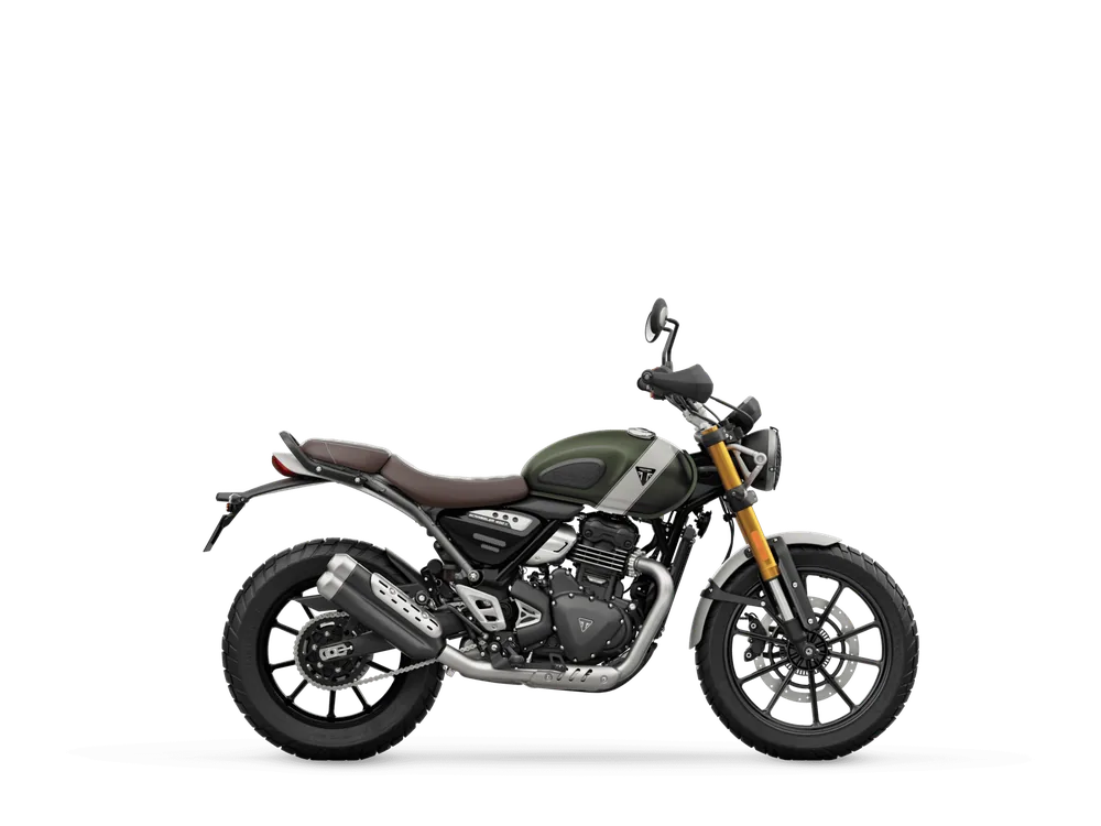 Triumph SCRAMBLER 400 X 2024 in Matte Khaki Green / Fusion White, right side studio photograph