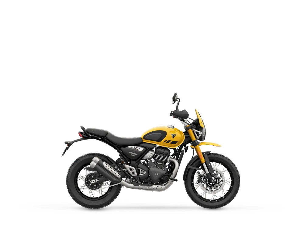 Triumph SCRAMBLER 400 XC 2025 in Racing Yellow, right side studio photograph