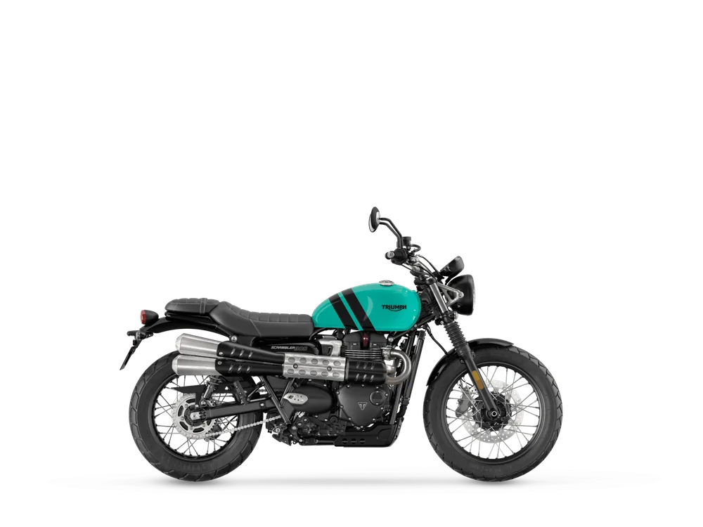 Triumph SCRAMBLER 900 2022 in Kingfisher Blue, right side studio photograph