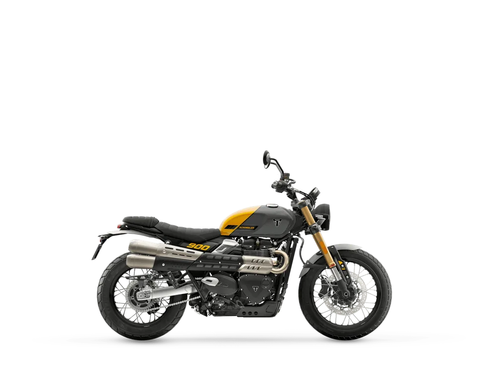 Triumph SCRAMBLER 900 2026 in Mineral Grey / Cosmic Yellow, right side studio photograph