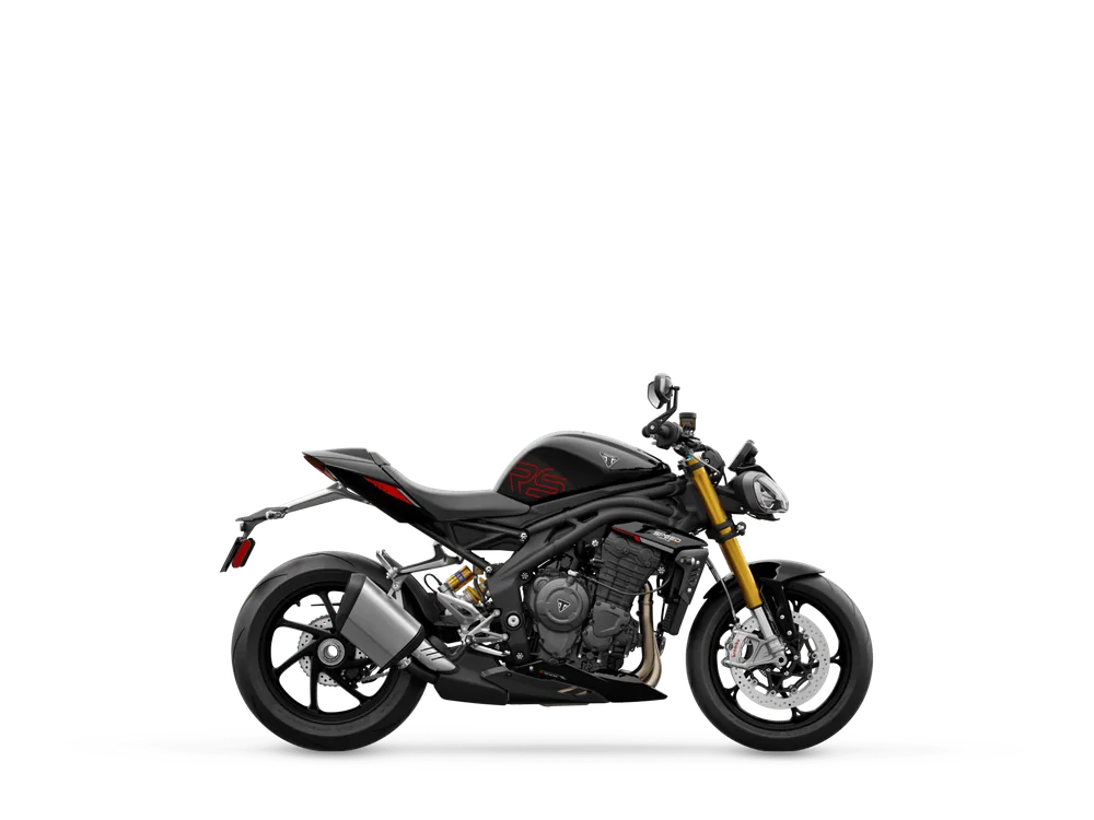 Triumph SPEED TRIPLE 1200 RS 2025 in Jet Black, right side studio photograph