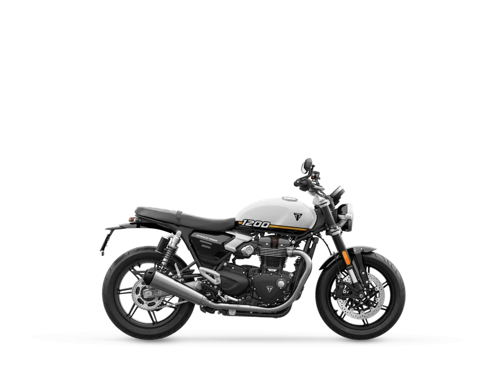 Triumph SPEED TWIN 1200 2025 in Crystal White / Sapphire Black, right side studio photograph