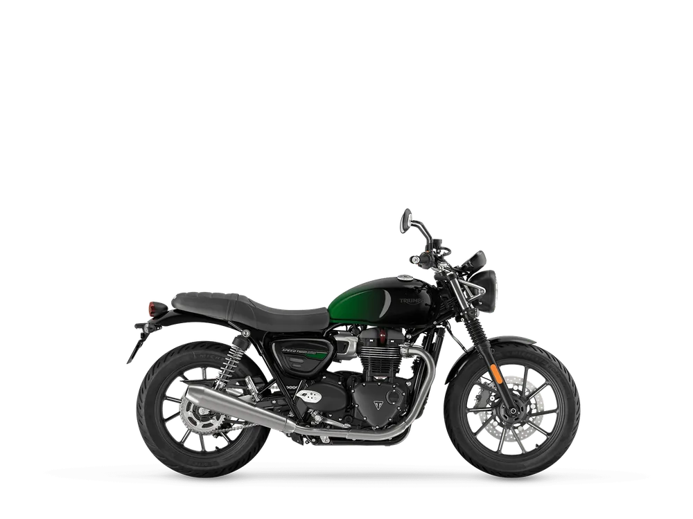 Triumph SPEED TWIN 900 2021 in Stealth Edition - Sapphire Green/ Silver Green, right side studio photograph