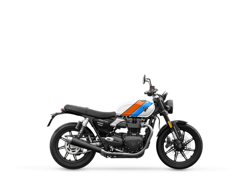 Triumph SPEED TWIN 900 2025 in Pure White / Maui Blue / Tangerine Orange, right side studio photograph