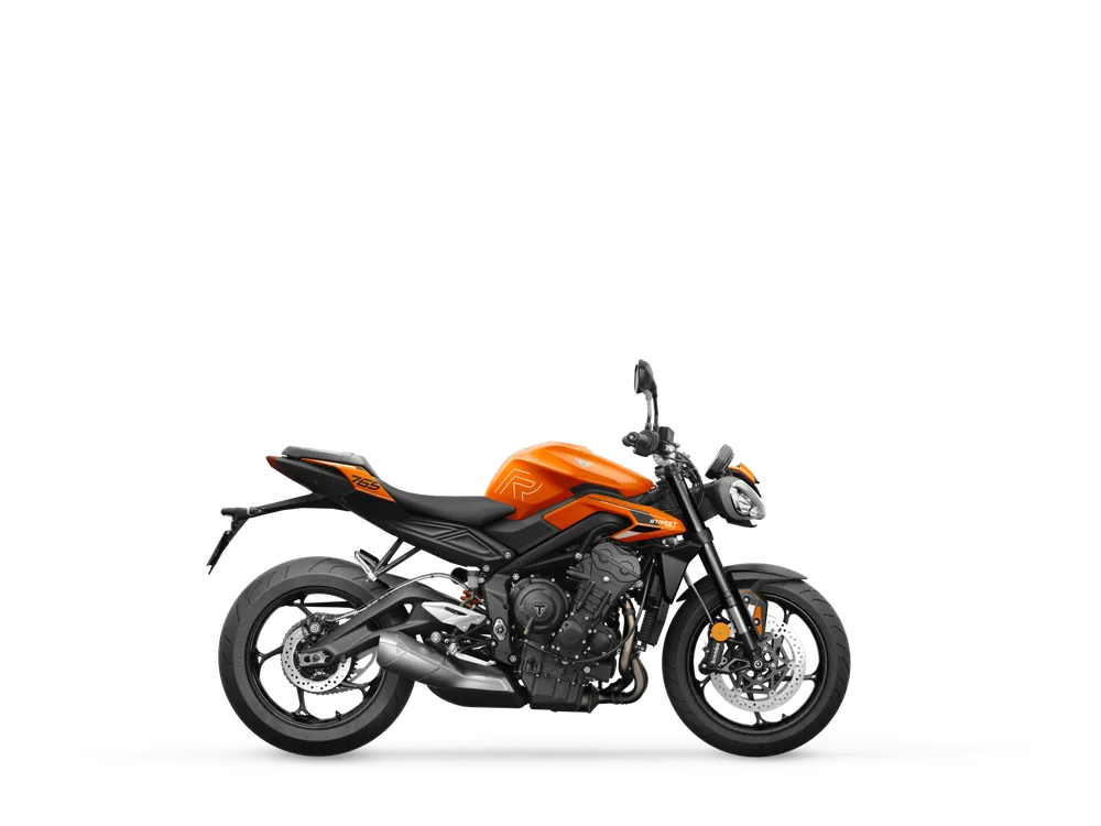 Triumph STREET TRIPLE 765 R 2023 in Matte Baja Orange, right side studio photograph