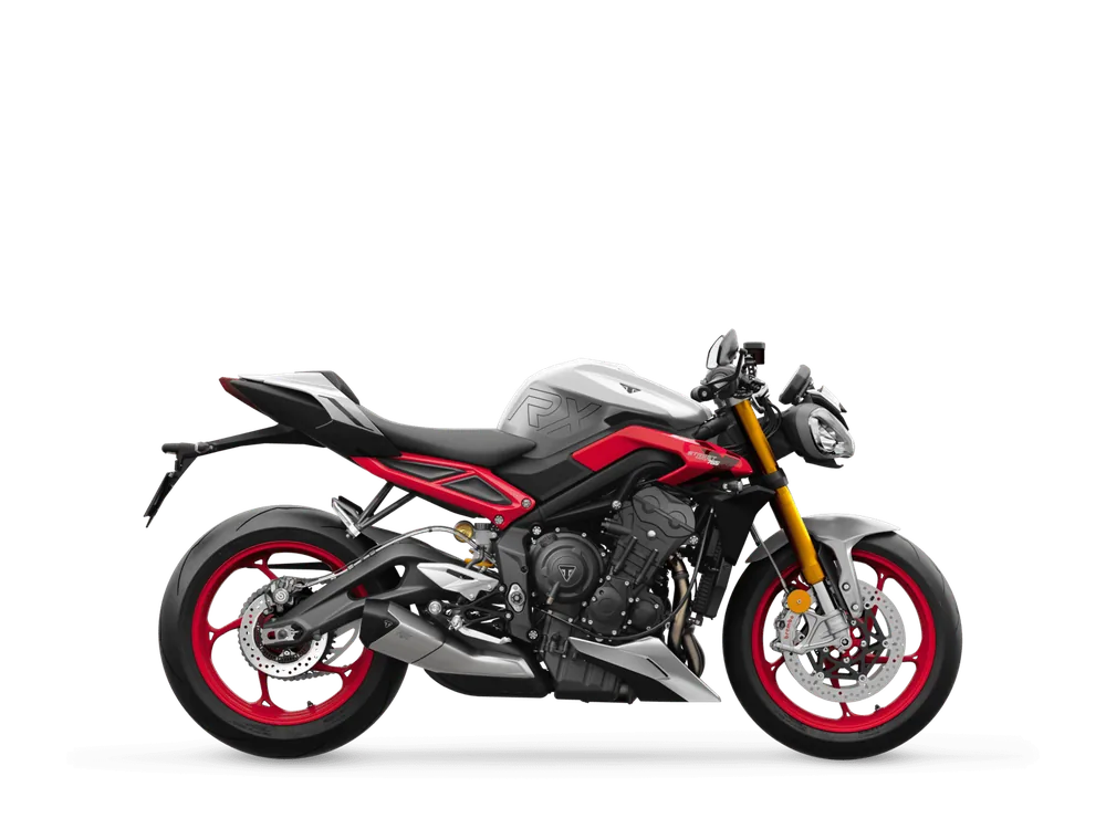 Triumph STREET TRIPLE 765 RX 2026 in Matte Aluminum, right side studio photograph