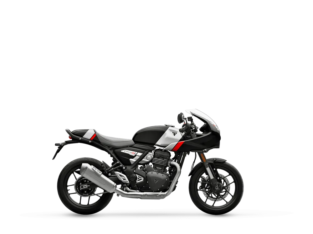 Triumph THRUXTON 400 2026 in Phantom Black / Aluminium Silver, right side studio photograph