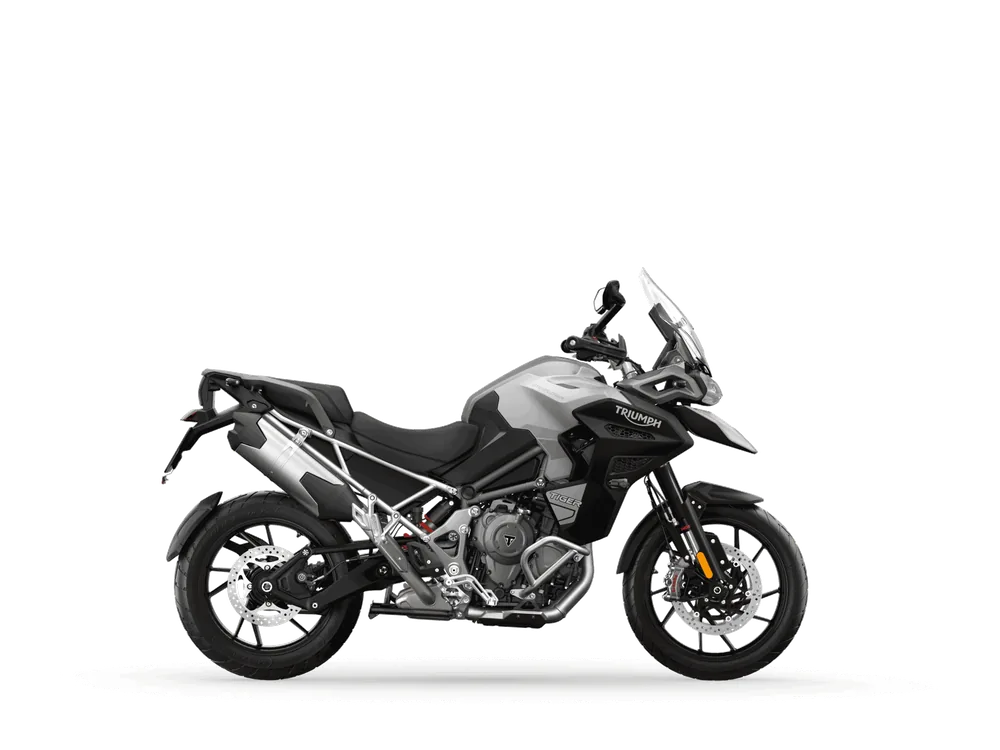 Triumph TIGER 1200 GT EXPLORER 2024 in snowdonia white, right side studio photograph