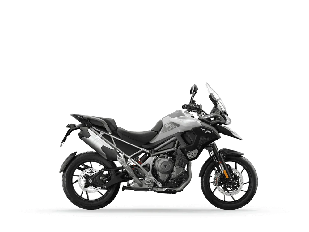 Triumph TIGER 1200 GT PRO 2024 in snowdonia white, right side studio photograph