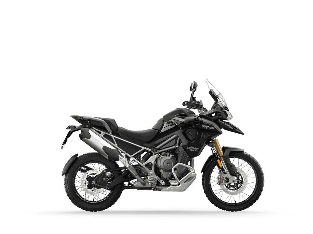 Triumph TIGER 1200 RALLY PRO 2024 in Jet Black, right side studio photograph