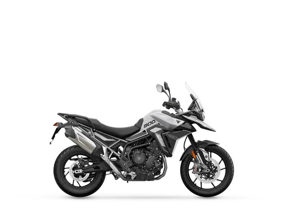 Triumph TIGER 900 GT 2024 in Snowdonia White / Sapphire Black MY24, right side studio photograph
