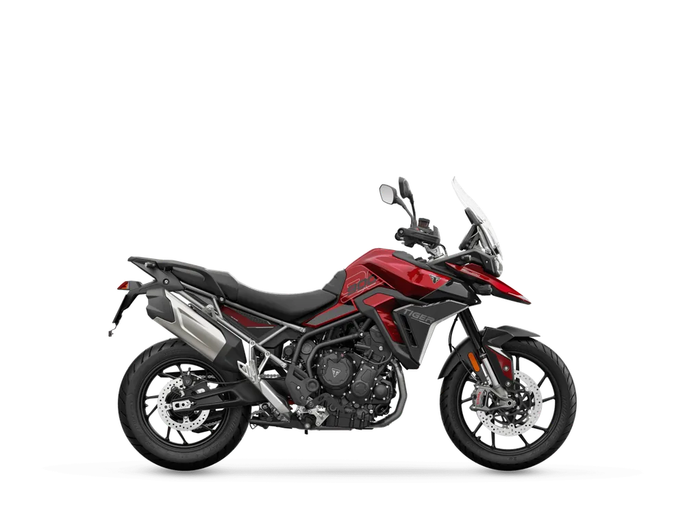 Triumph TIGER 900 GT PRO 2024 in Carnival Red / Sapphire Black, right side studio photograph