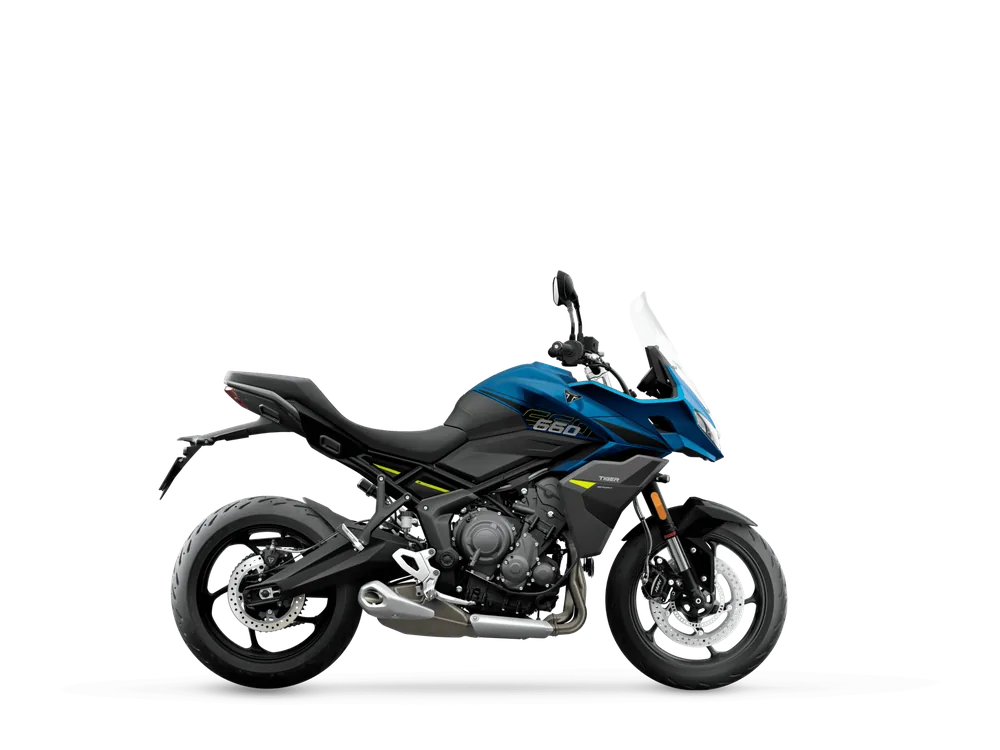 Triumph TIGER SPORT 660 2026 in Interstellar Blue / Mineral Grey, right side studio photograph