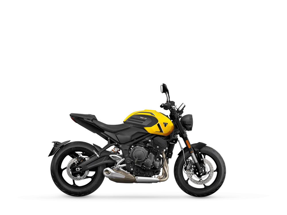 Triumph TRIDENT 660 2026 in Cosmic Yellow, right side studio photograph