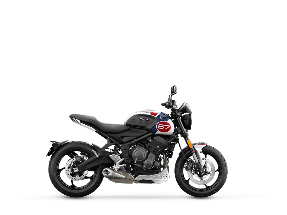 Triumph TRIDENT 660 TRIPLE TRIBUTE EDITION 2024 in Snowdonia White, right side studio photograph