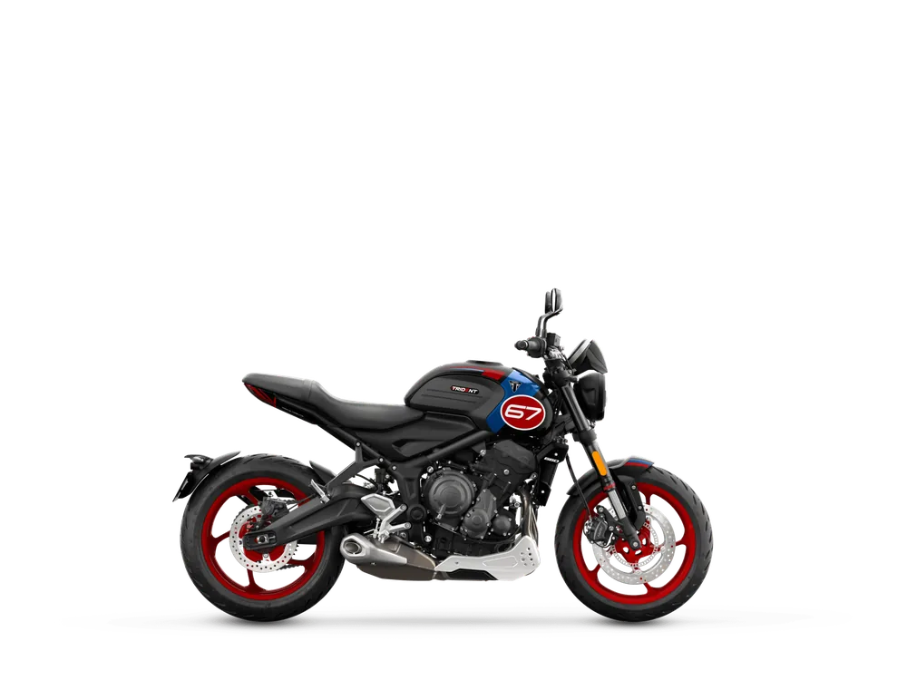 Triumph TRIDENT 660 TRIPLE TRIBUTE EDITION 2025 in Sapphire Black / Cobalt Blue, right side studio photograph