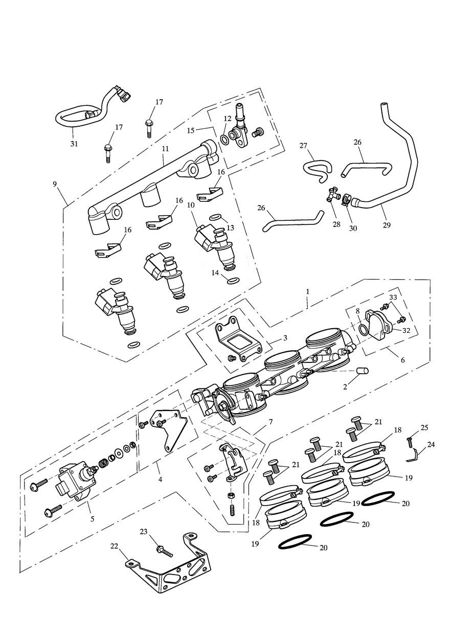 Throttles, Injectors and Fuel Rail exploded diagram