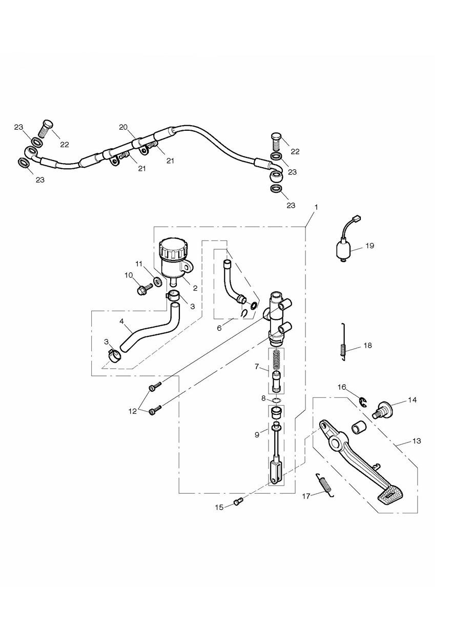 Rear Brake Master Cylinder, Reservoir & Pedal exploded diagram