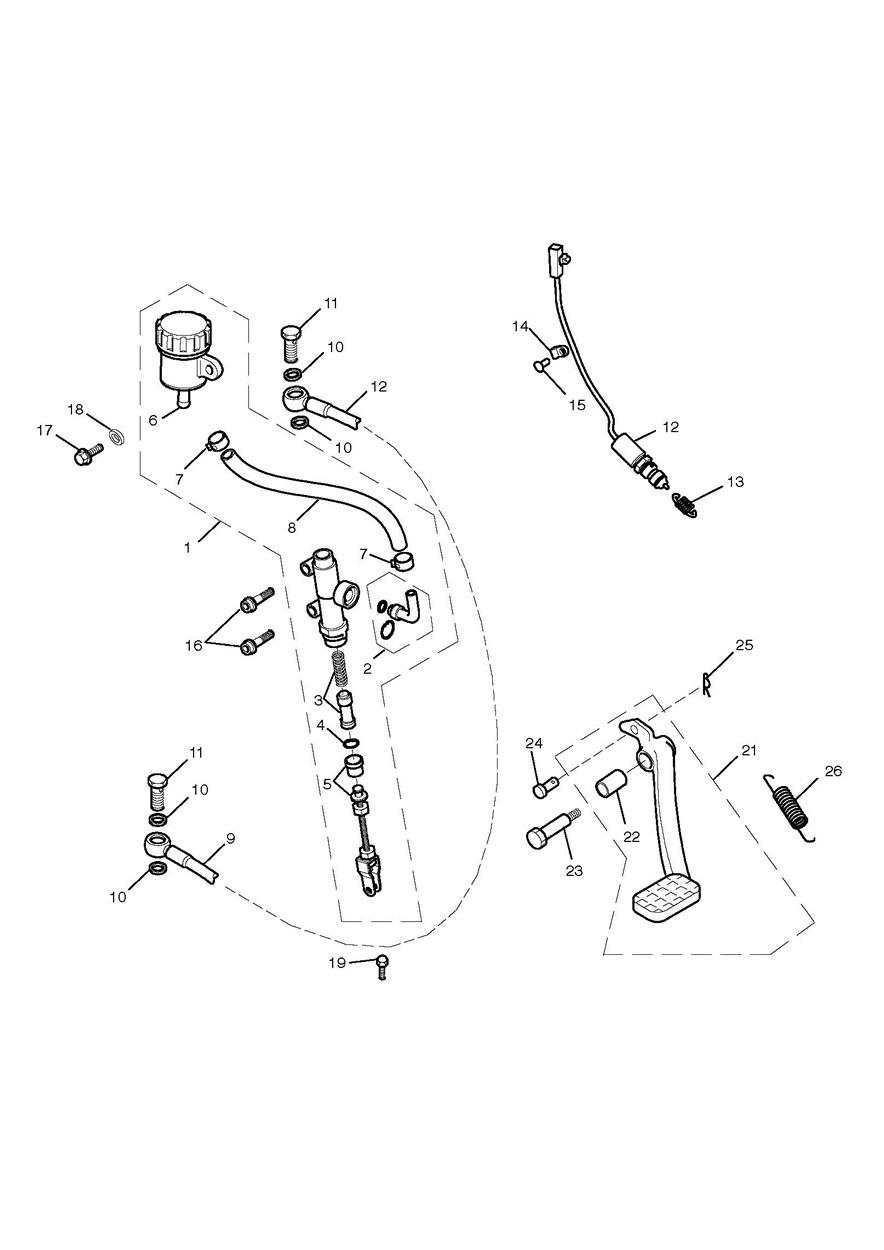 Rear Brake Master Cylinder, Reservoir & Pedal exploded diagram