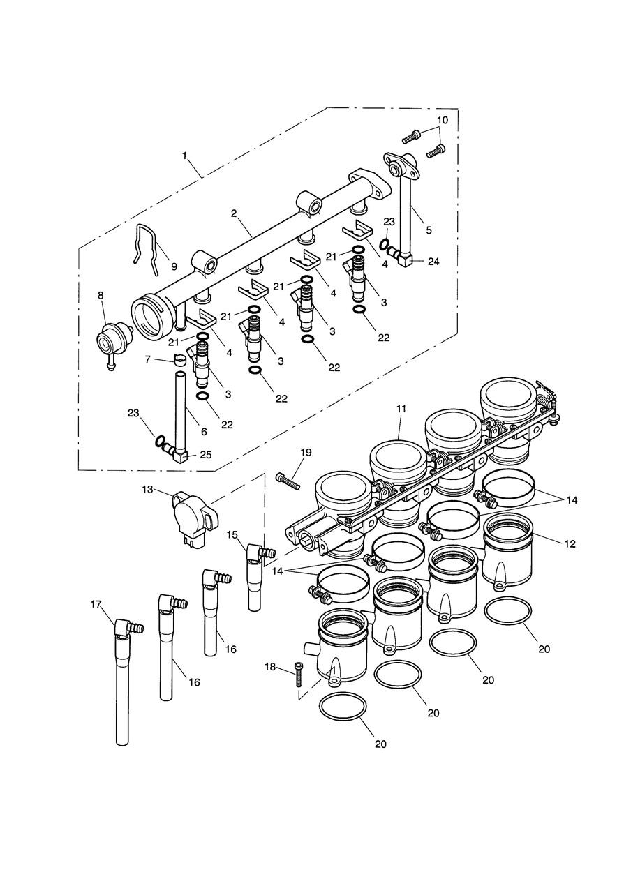 Throttles/Injectors and Fuel Rail exploded diagram