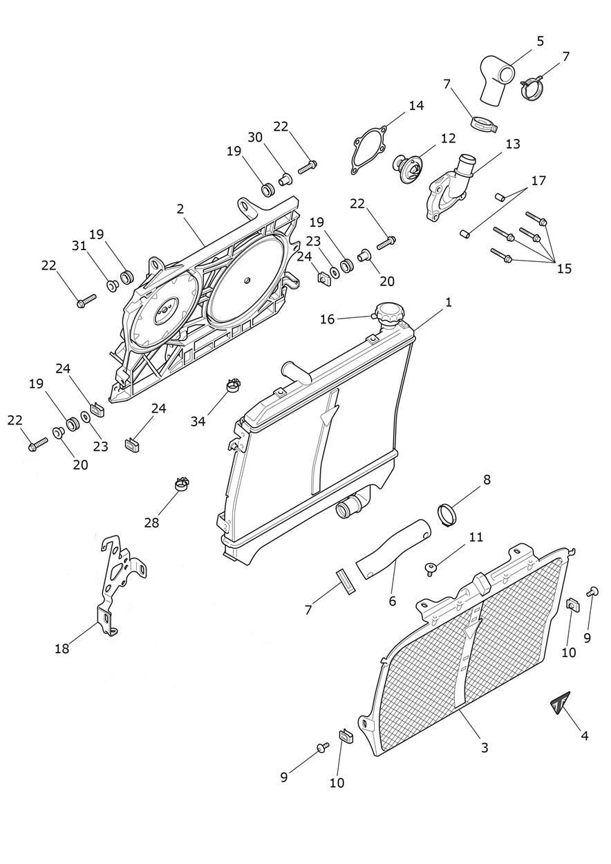 Radiator, Fan & Thermostat exploded diagram
