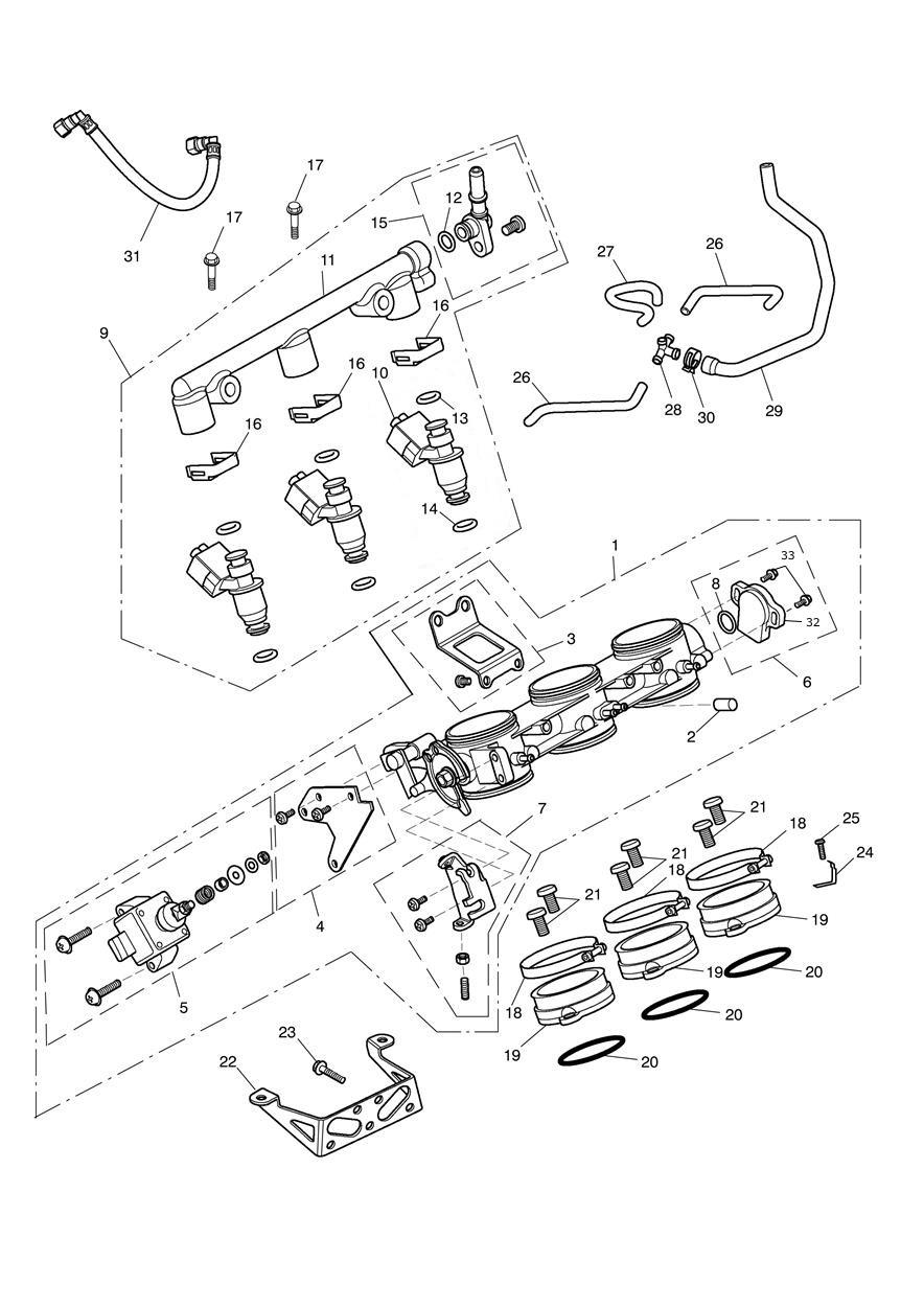 Throttles, Injectors and Fuel Rail exploded diagram