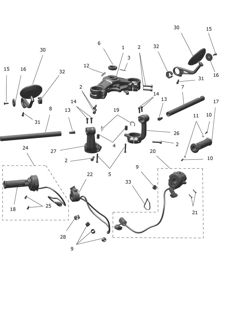 Handlebars, Top Yokes & Mirrors exploded diagram