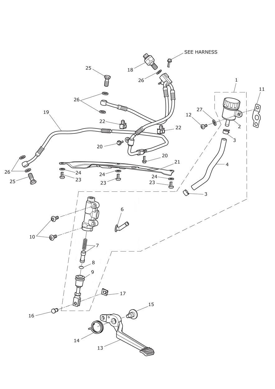 Rear Brake Master Cylinder, Reservoir & Pedal exploded diagram