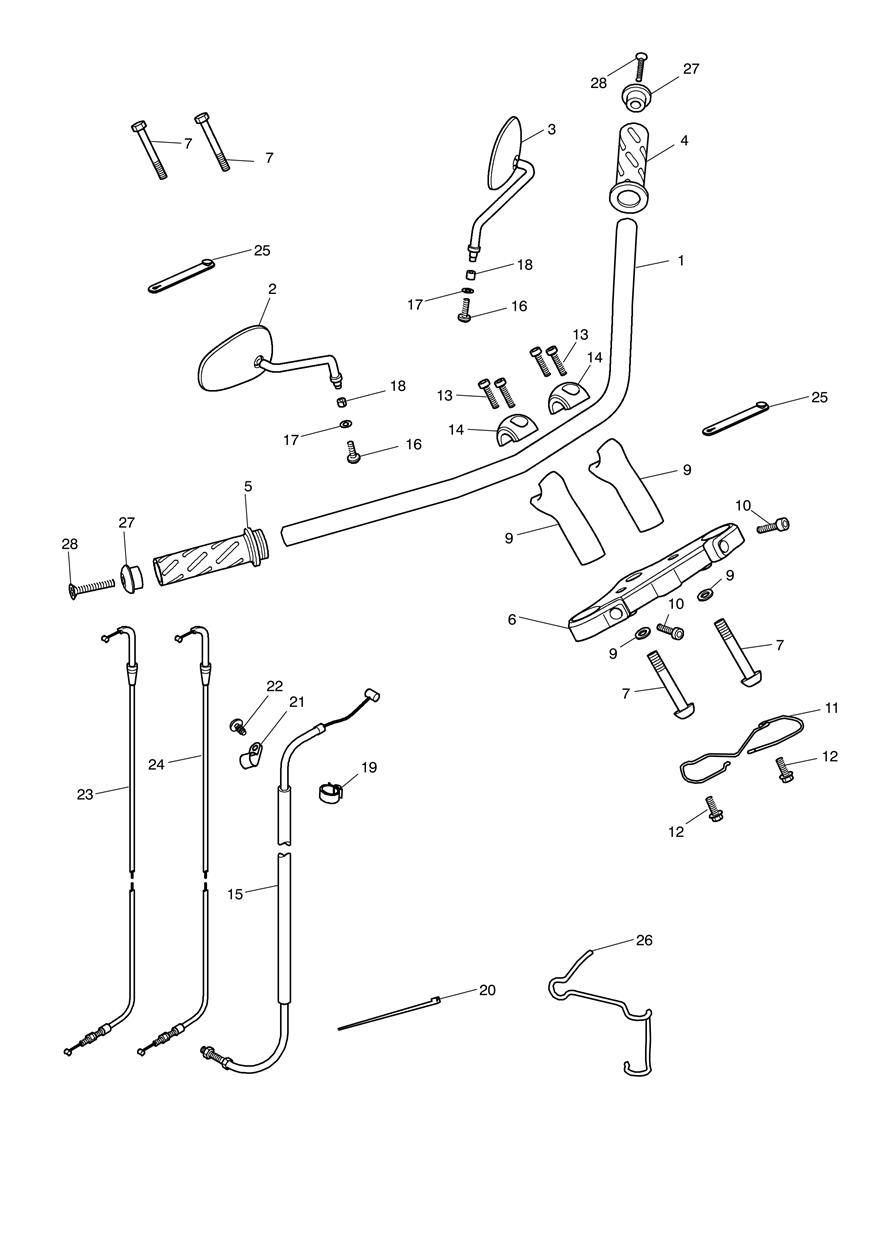 Handlebars, Top Yoke, Cables & Mirrors exploded diagram