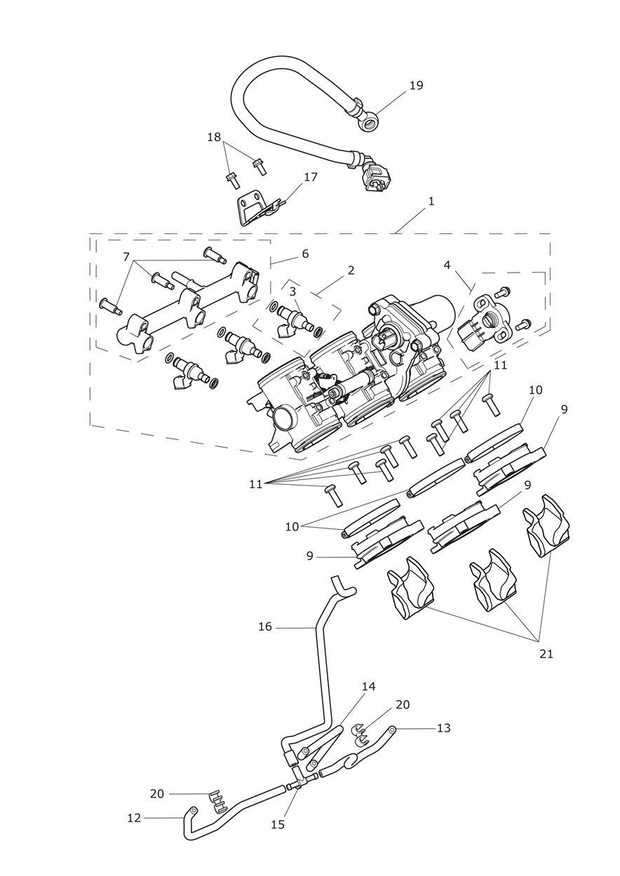 Throttles, Injectors and Fuel Rail exploded diagram