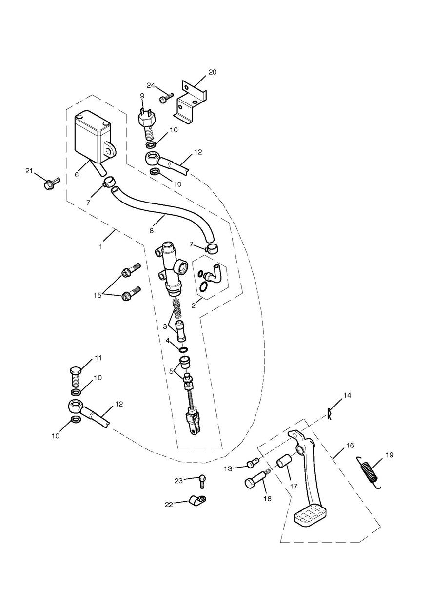 Rear Brake Master Cylinder, Reservoir & Pedal exploded diagram