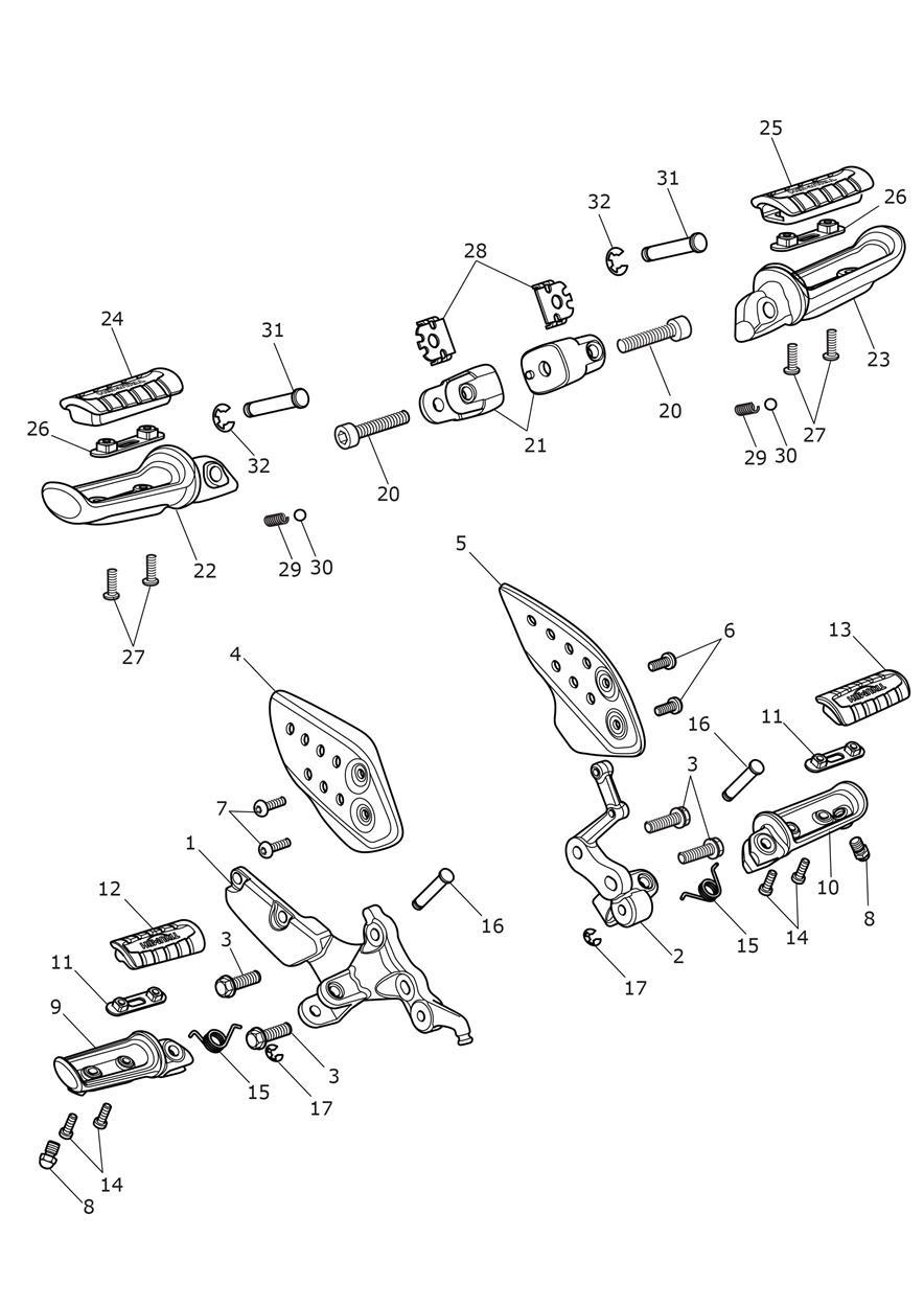 Foot Controls- Dual Seat Version exploded diagram