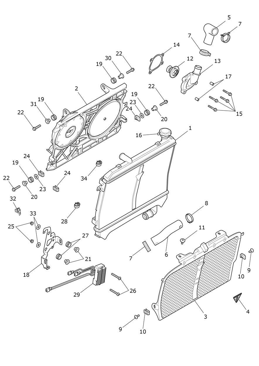 Radiator, Fan & Thermostat exploded diagram