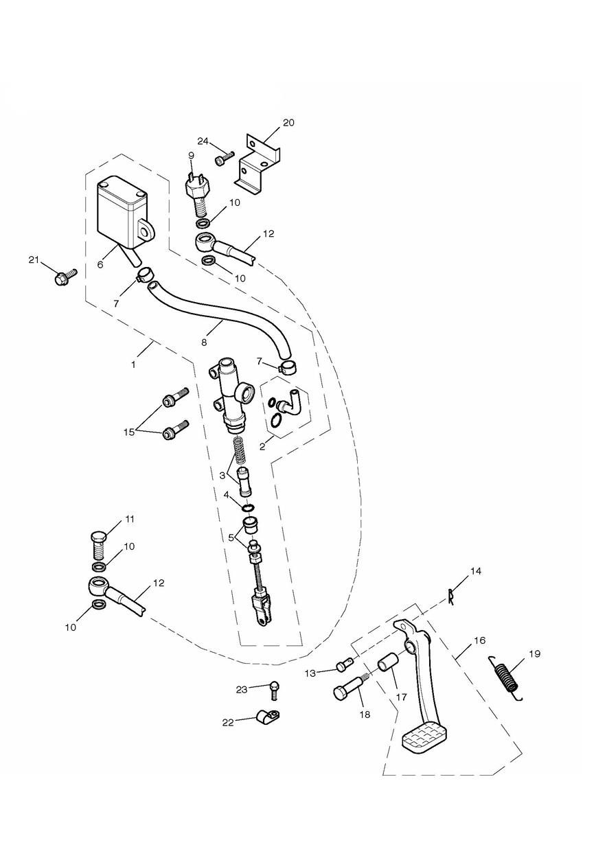 Rear Brake Master Cylinder, Reservoir & Pedal exploded diagram