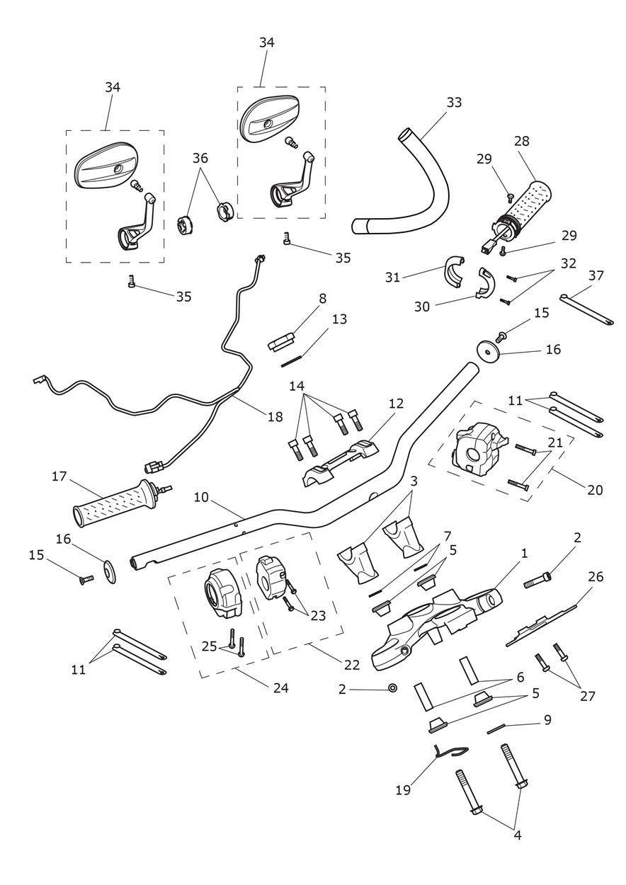Handlebars, Top Yokes & Mirrors All Expt BR & BR Only exploded diagram