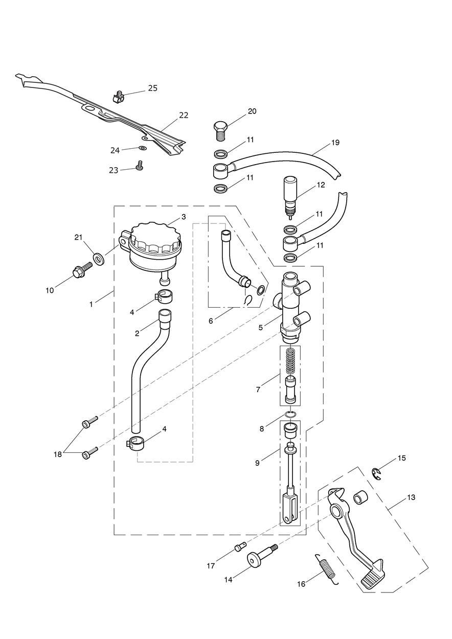 Rear Brake Master Cylinder, Reservoir & Pedal exploded diagram