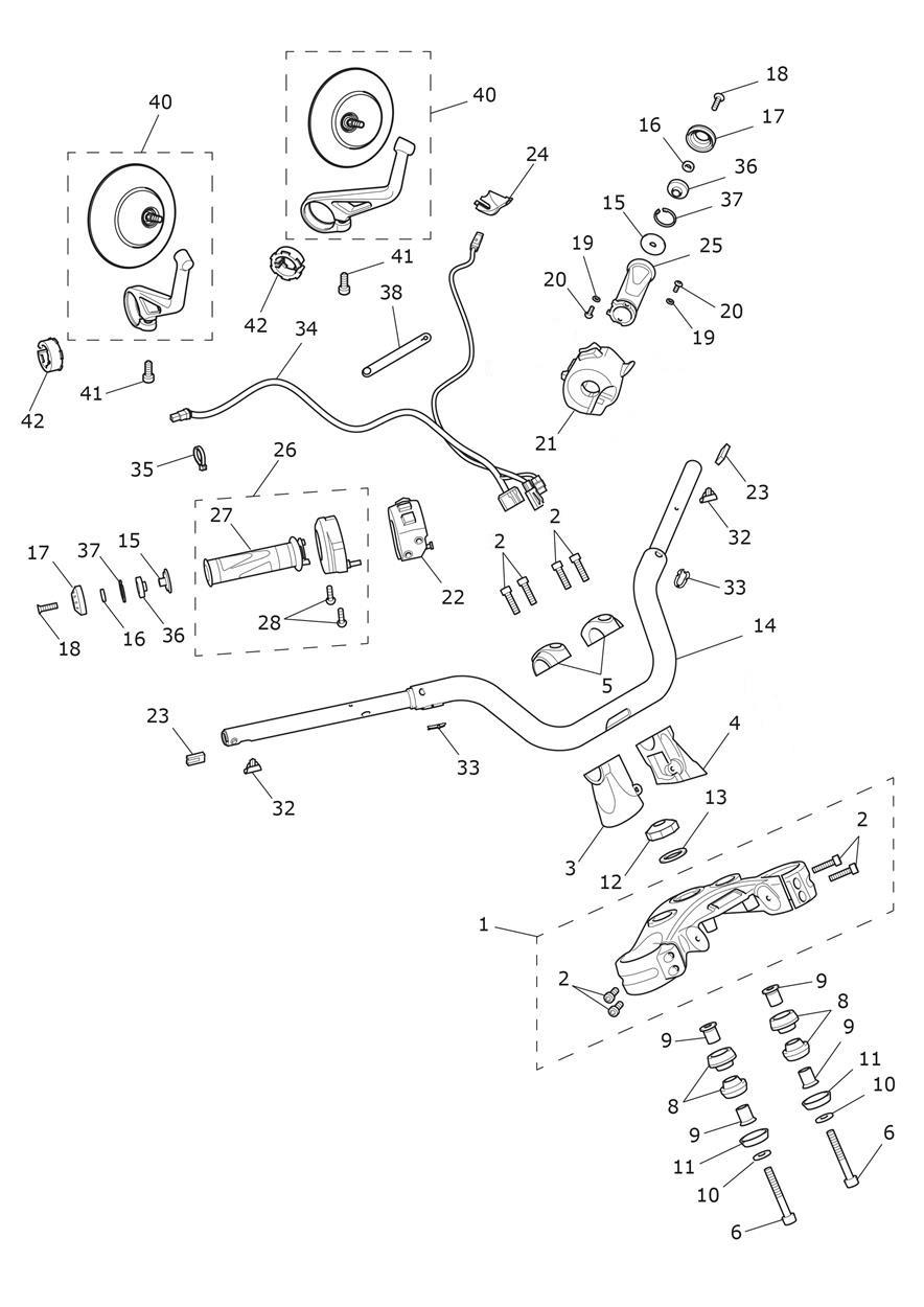 Handlebars, Upper Yoke & Mirrors exploded diagram