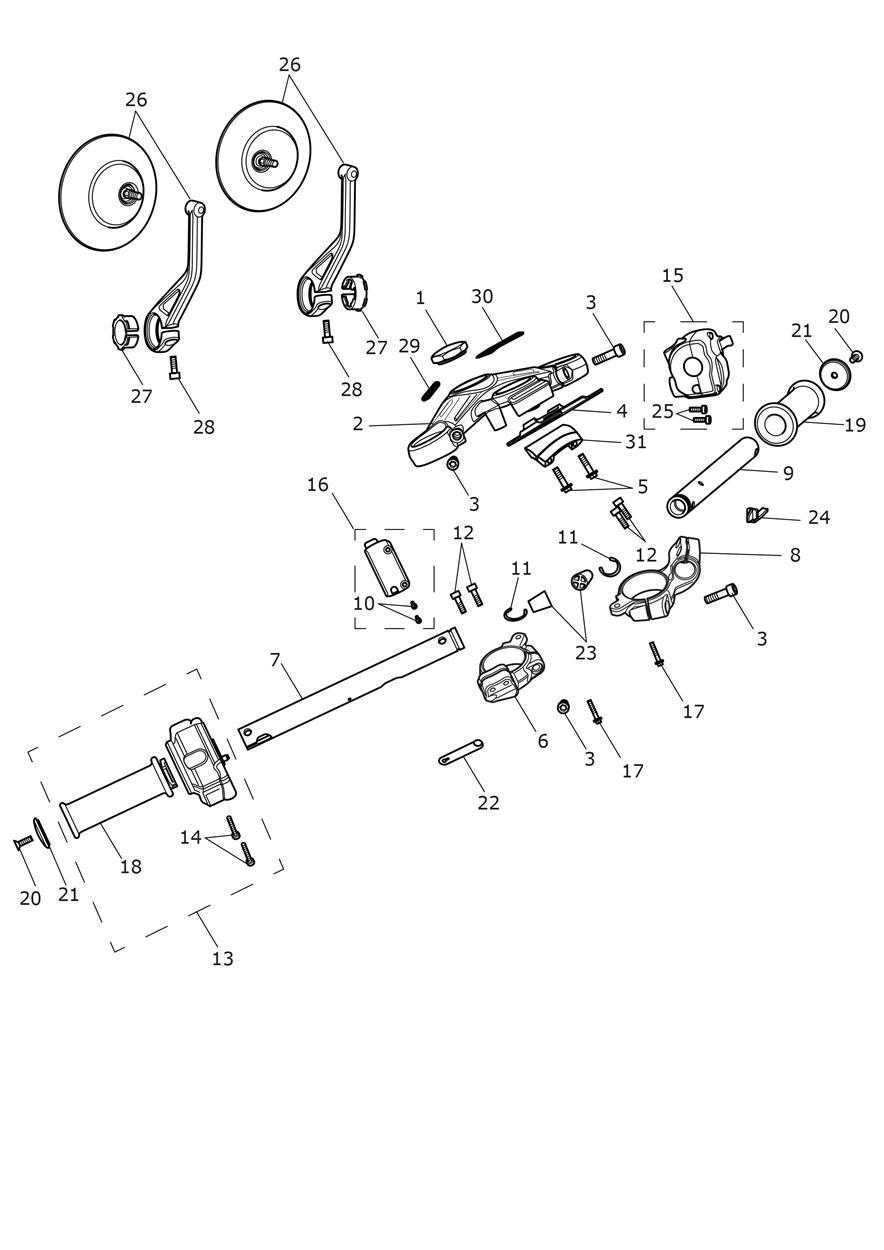Handlebars, Top Yoke & Mirrors exploded diagram