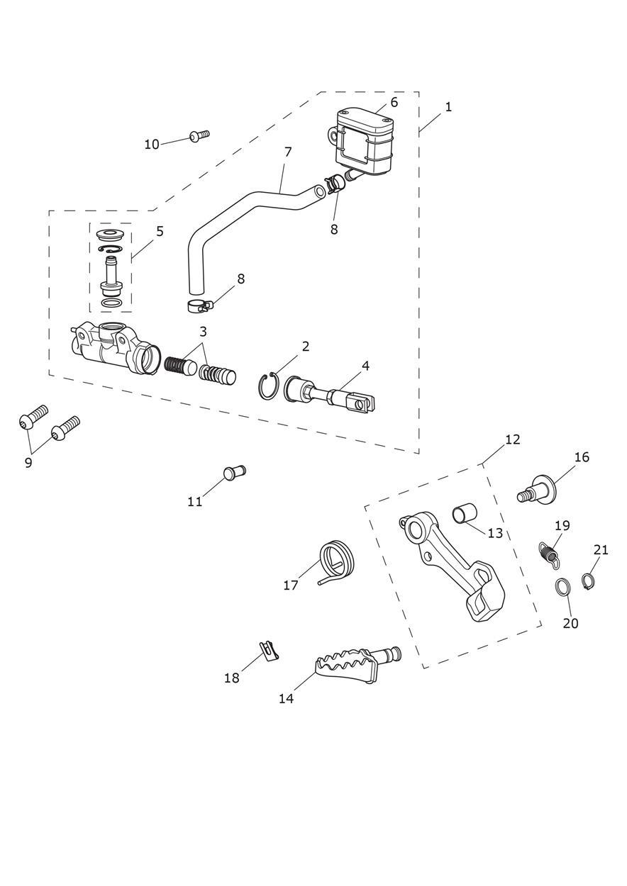 Rear Brake Master Cylinder, Reservoir & Pedal exploded diagram