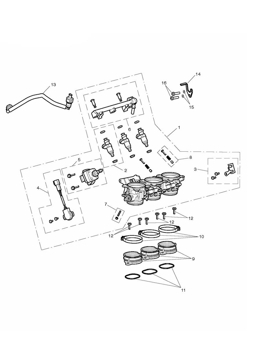 Throttles, Injectors and Fuel Rail exploded diagram