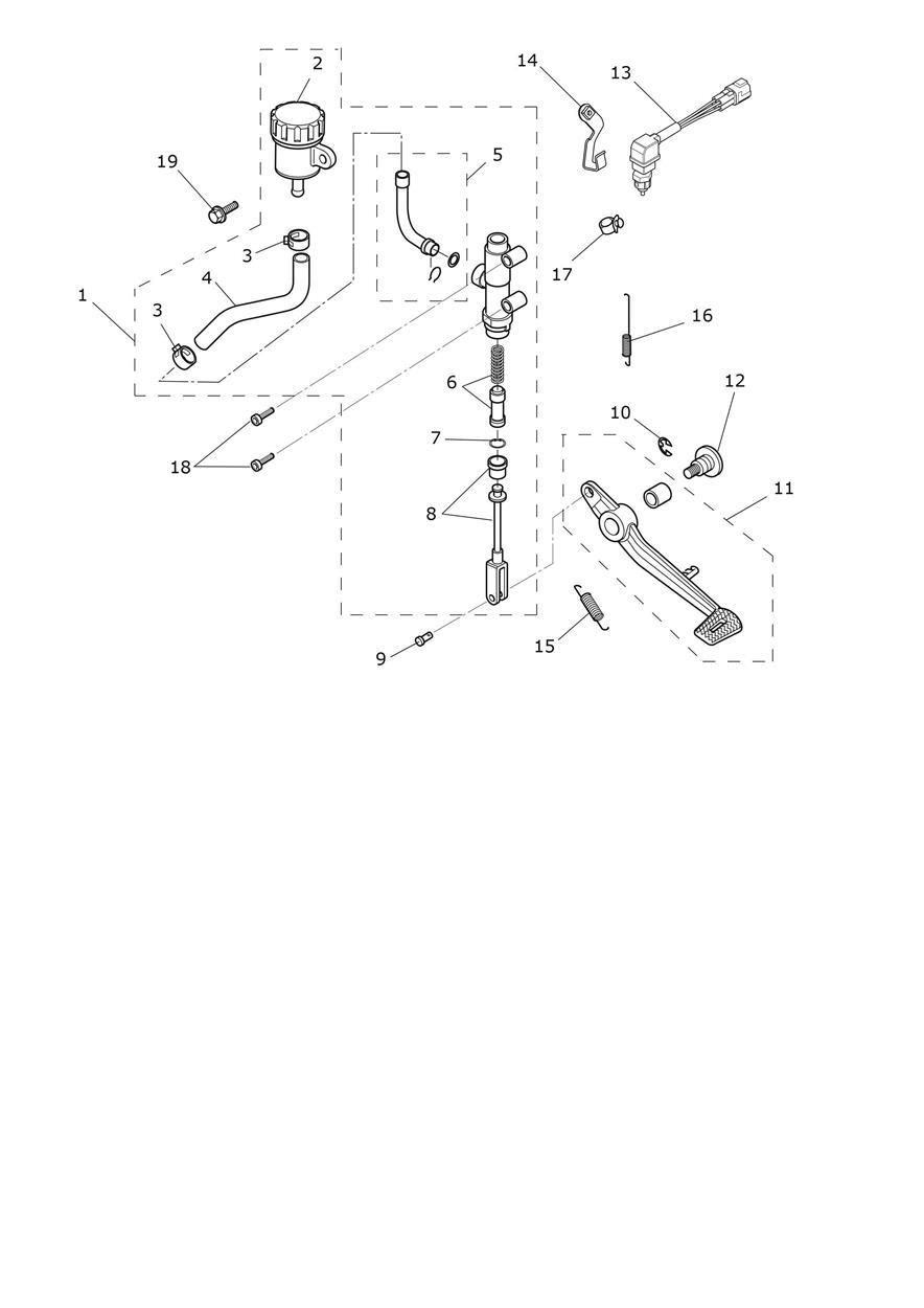 Rear Brake Master Cylinder, Reservoir & Pedal exploded diagram